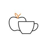 Ein Icon mit einem Apfel und einer Tasse. Der Apfel hat ein orangefarbenes Blatt. Dies könnte eine gesunde Lebensweise oder eine Kaffeepause symbolisieren. Icon_Lehrstellen_Obst_Heissgetraenke