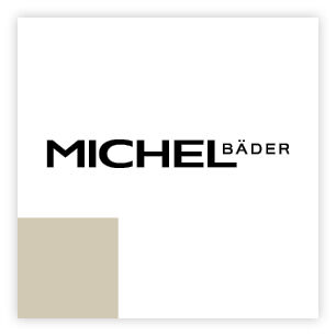 Das Logo zeigt "MICHEL BÄDER" auf weißem Hintergrund mit einem beigen Quadrat unten links. Es könnte auf ein Unternehmen im Bereich Badezimmer hinweisen. Logo Michel Bäder